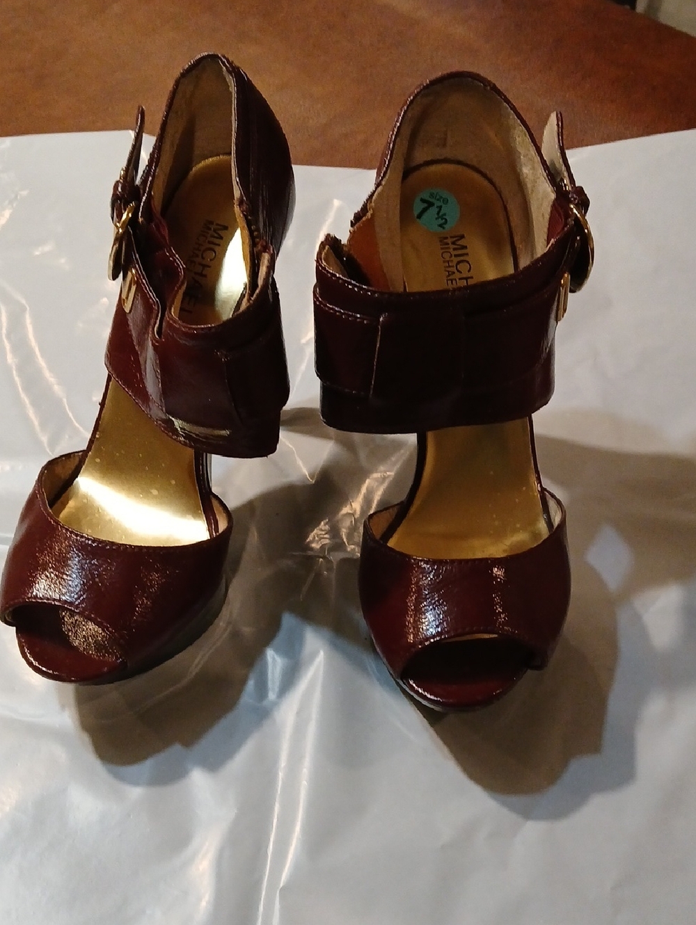 MICHAEL Michael Kors Burgundy Patent Peep-Toe Ankle Strap Heels
